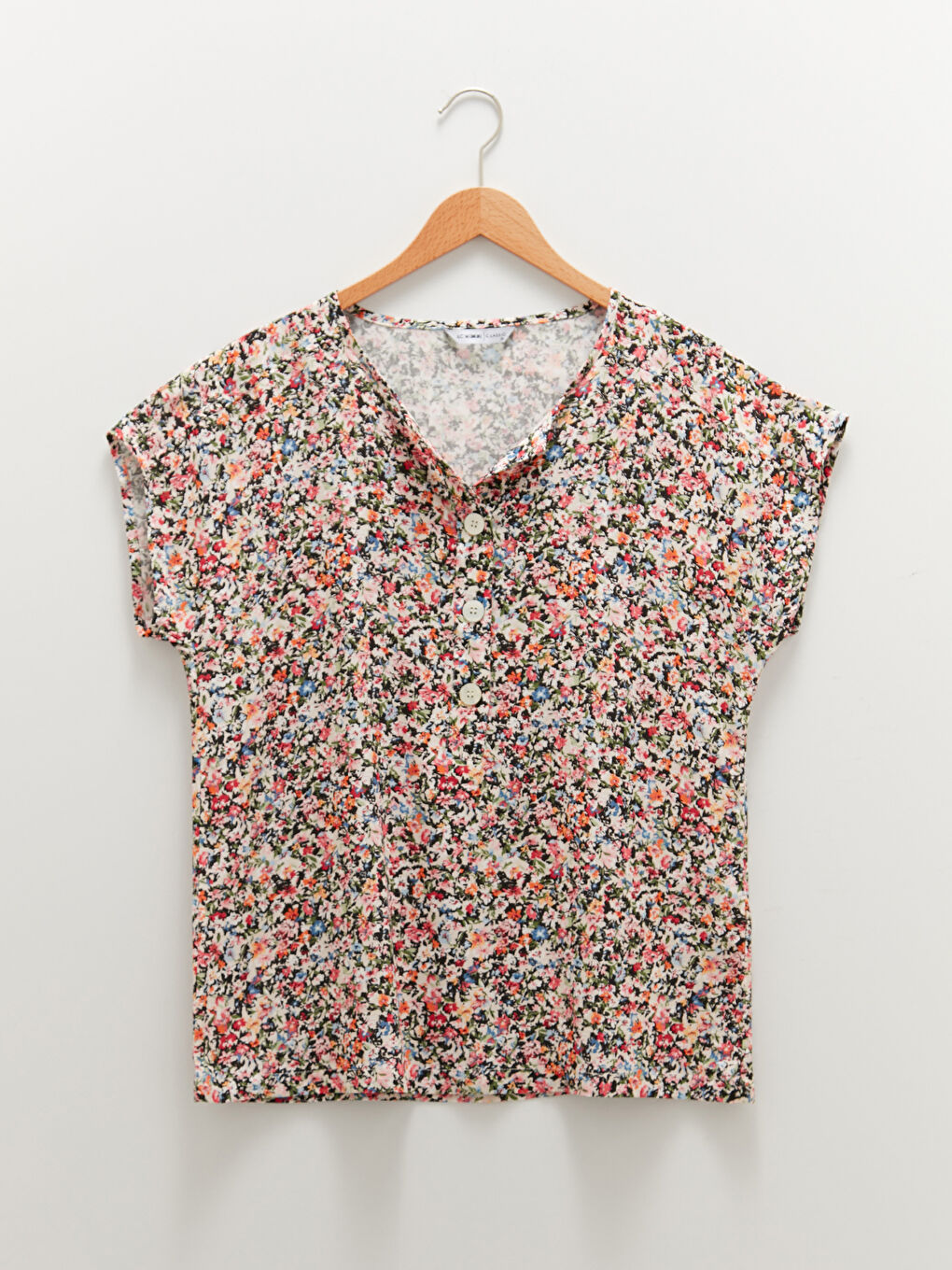 Henley Neckline Floral Short Sleeve Button Closure Viscose Women's Blouse-5
