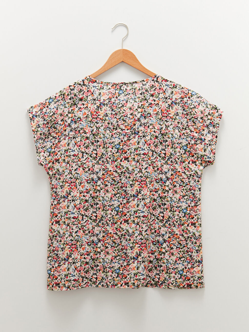 Henley Neckline Floral Short Sleeve Button Closure Viscose Women's Blouse-6