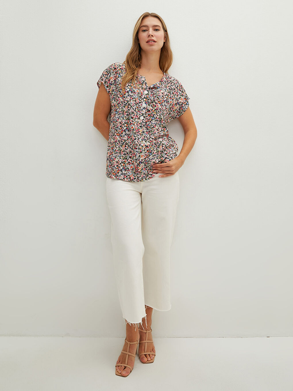 Henley Neckline Floral Short Sleeve Button Closure Viscose Women's Blouse-3