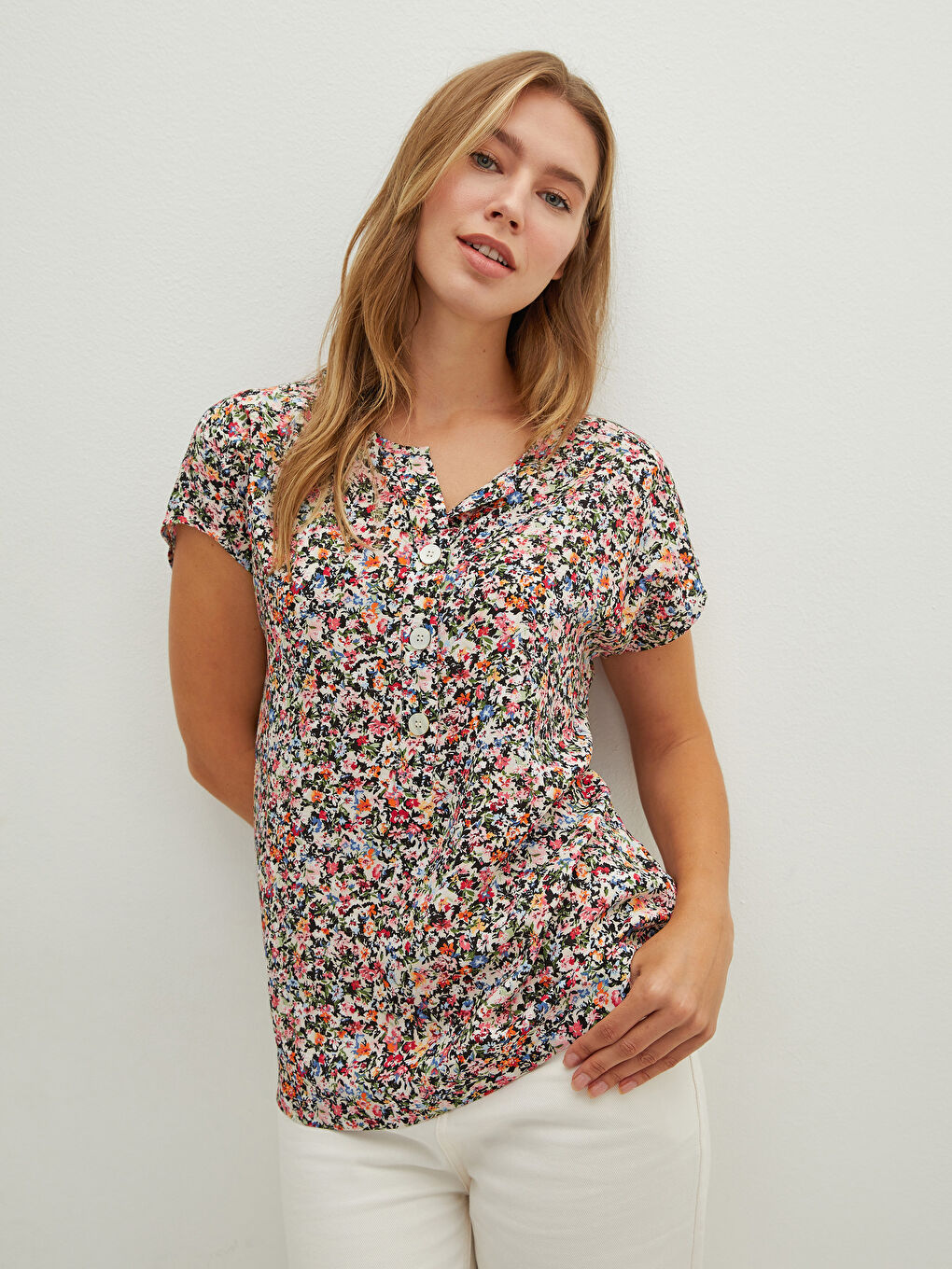 Henley Neckline Floral Short Sleeve Button Closure Viscose Women's Blouse
