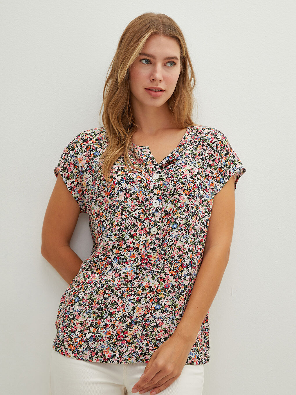 Henley Neckline Floral Short Sleeve Button Closure Viscose Women's Blouse-1