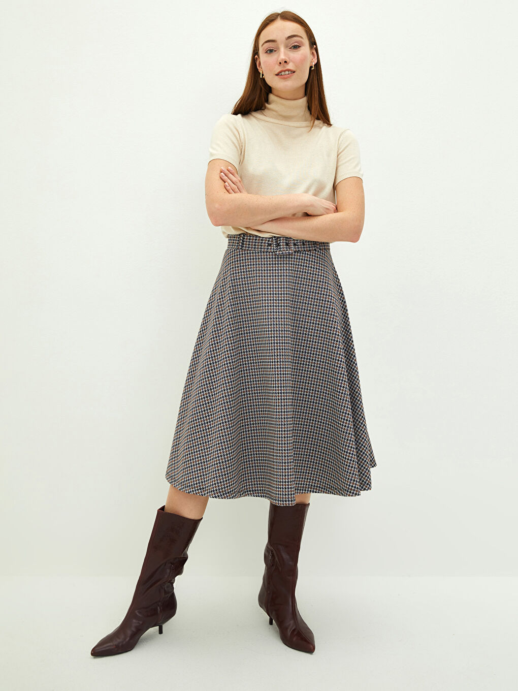 Kahverengi Beli Kemerli Ekose  A Kesim Kadın Etek-1