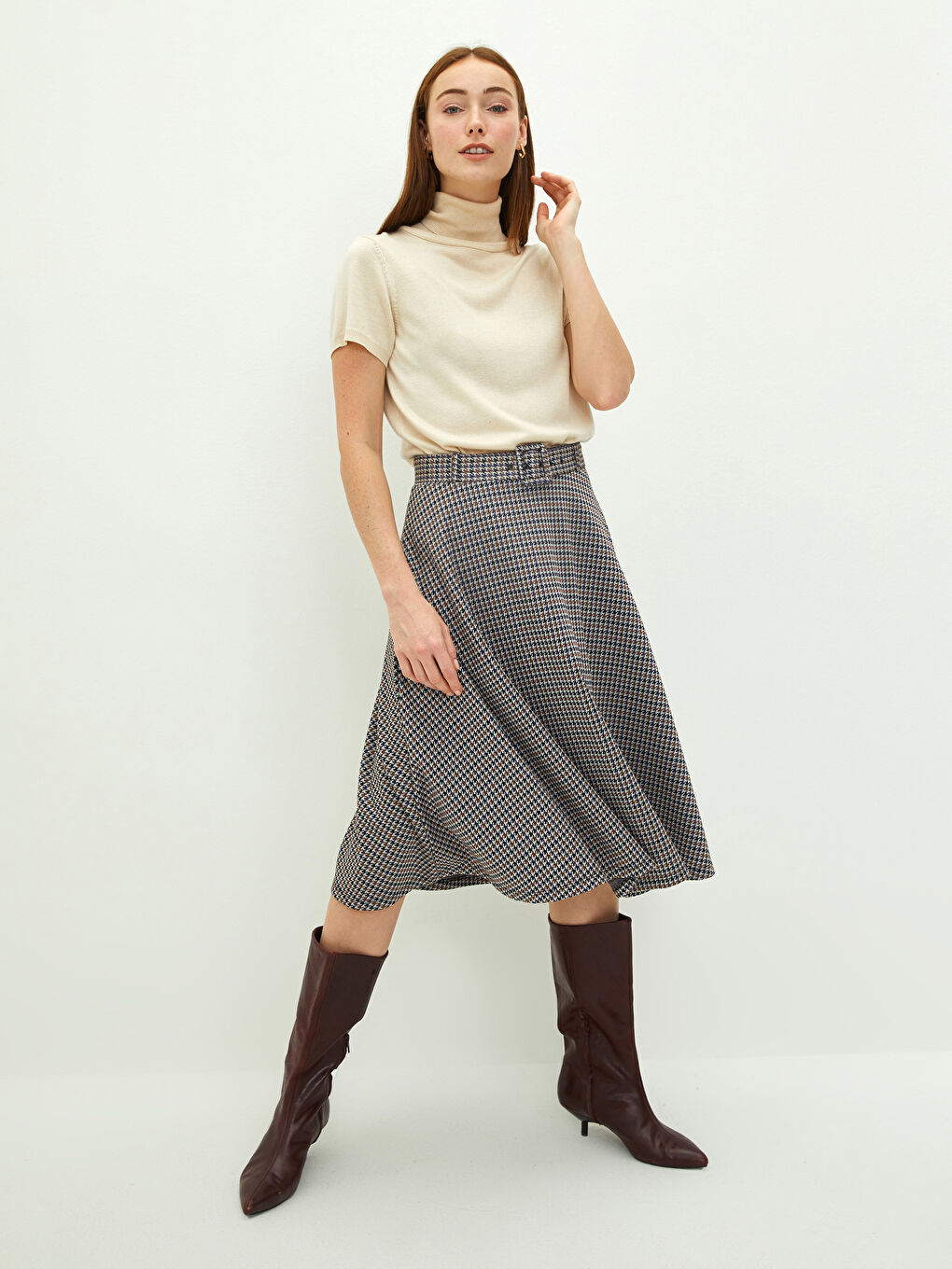 Kahverengi Beli Kemerli Ekose  A Kesim Kadın Etek-2