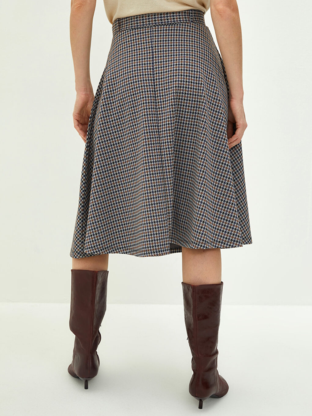 Kahverengi Beli Kemerli Ekose  A Kesim Kadın Etek-5