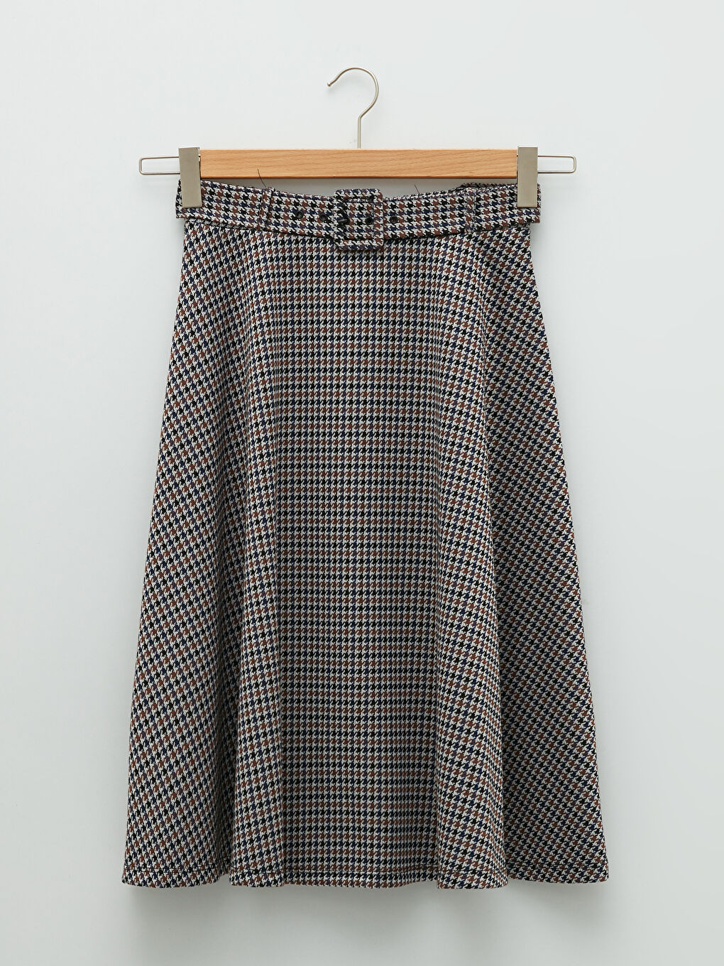 Kahverengi Beli Kemerli Ekose  A Kesim Kadın Etek-6