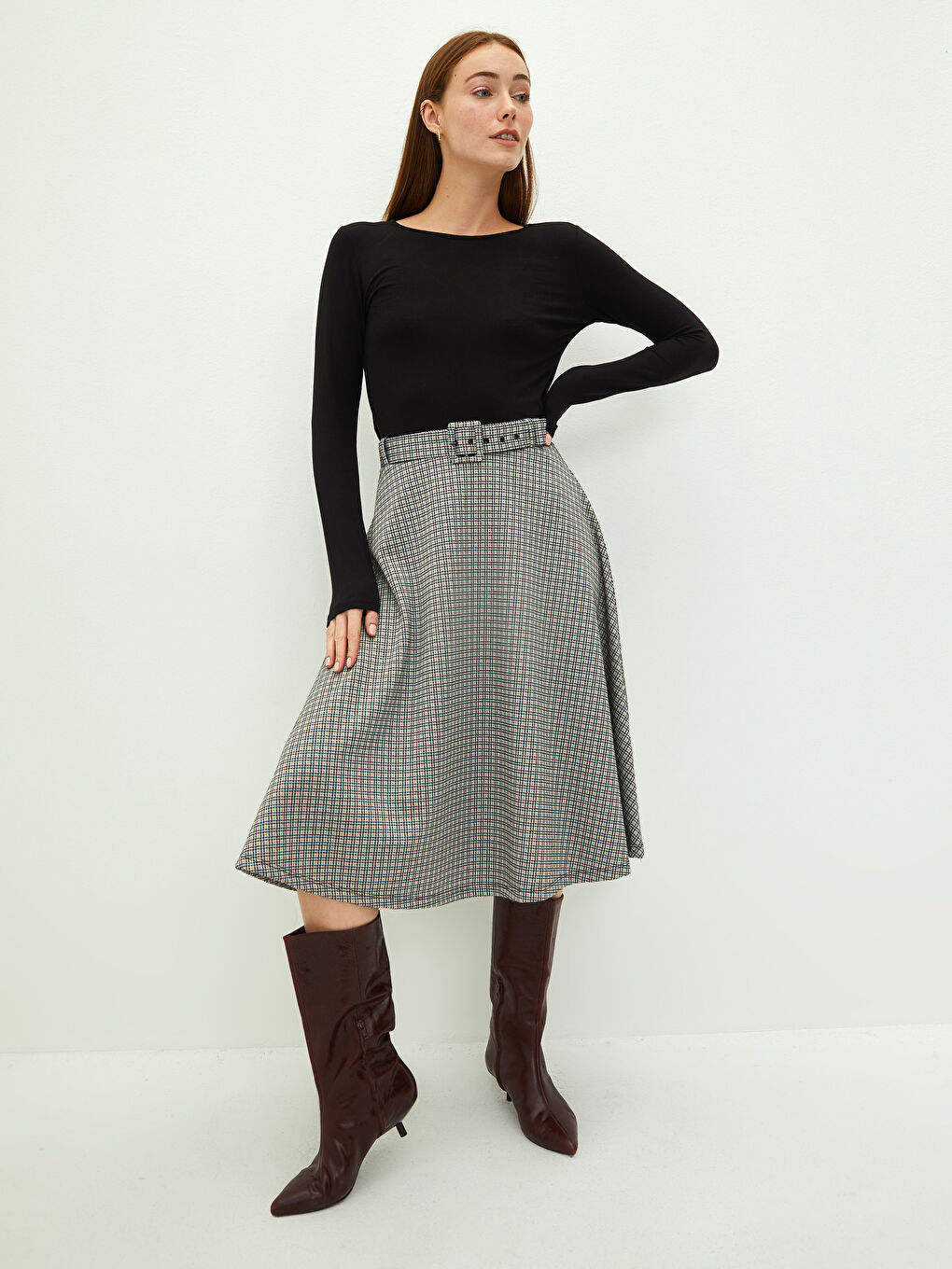 Jupe Trapèze Écossaise pour Femmes avec Ceinture-1