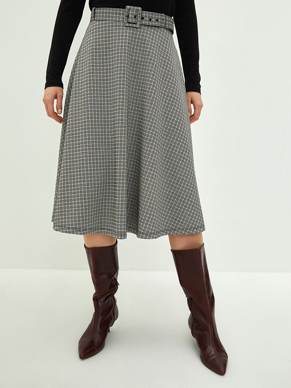 Jupe Trapèze Écossaise pour Femmes avec Ceinture-3