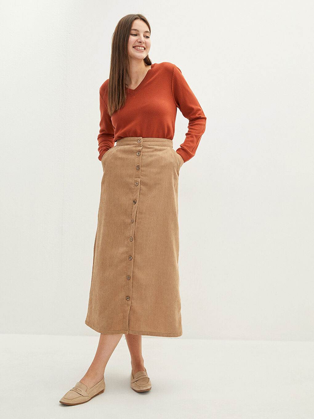 Women's Elastic Waist Corduroy Skirt