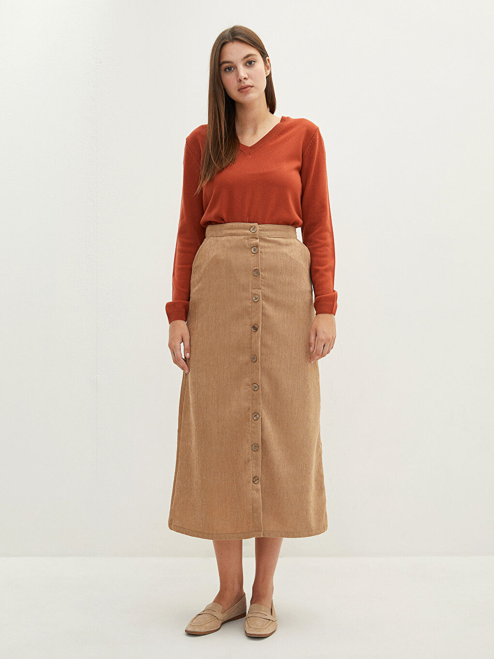 Women's Elastic Waist Corduroy Skirt-1