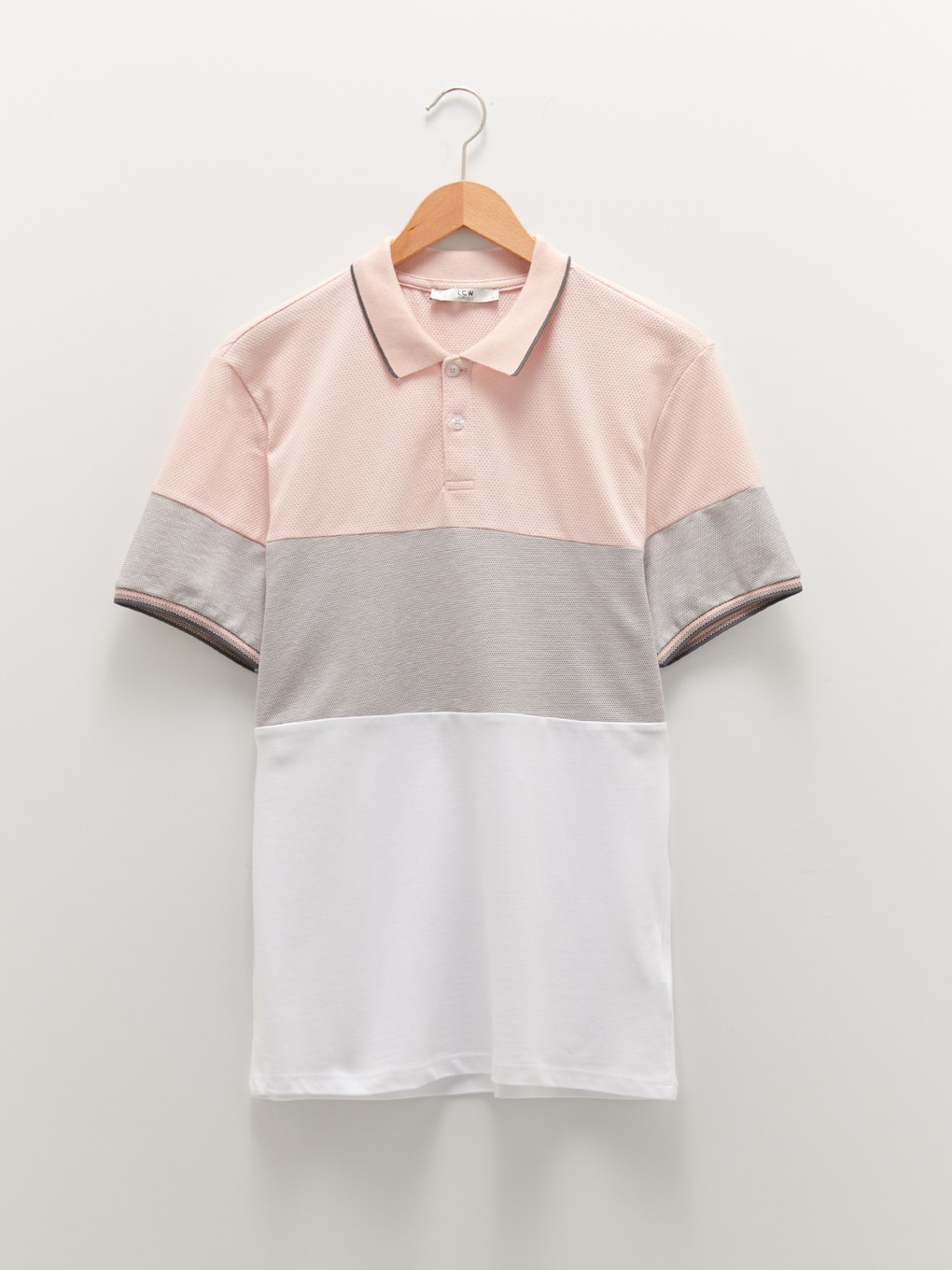 Pembe Polo Yaka Kısa Kollu Renk Bloklu Erkek Tişört-5