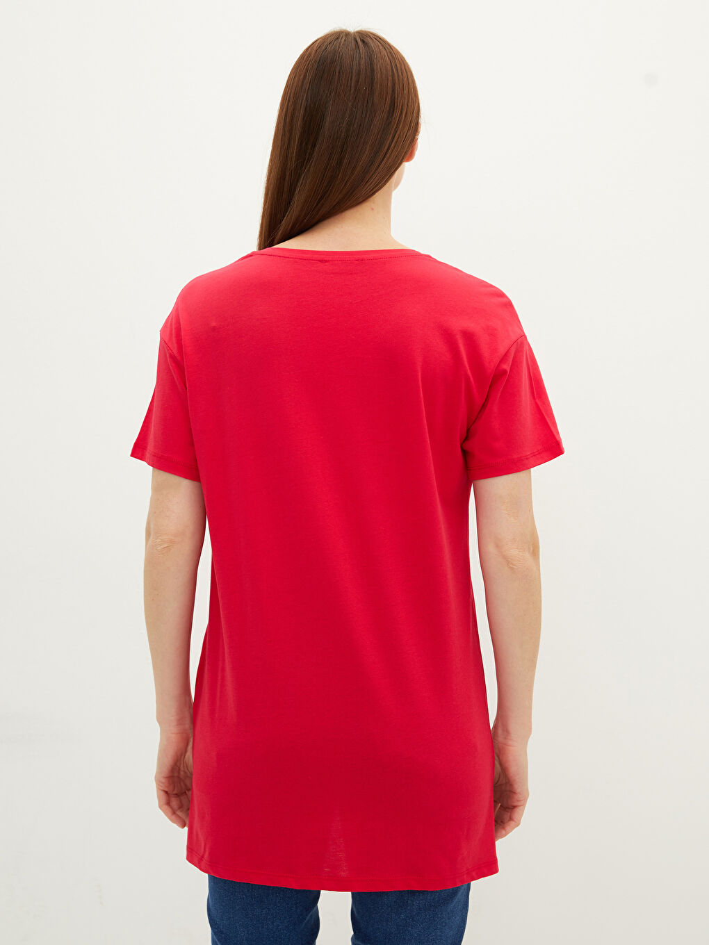 Fuşya V  Yaka Düz Kısa Kollu Pamuklu Kadın Tişört-3