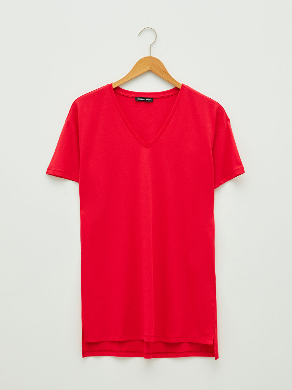 Fuşya V  Yaka Düz Kısa Kollu Pamuklu Kadın Tişört-4