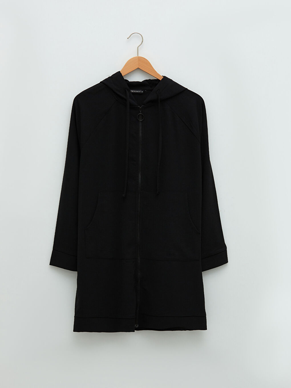 Siyah Kapüşon Yaka Düz Fermuar Kapamalı Uzun Kollu Kadın Tunik-5