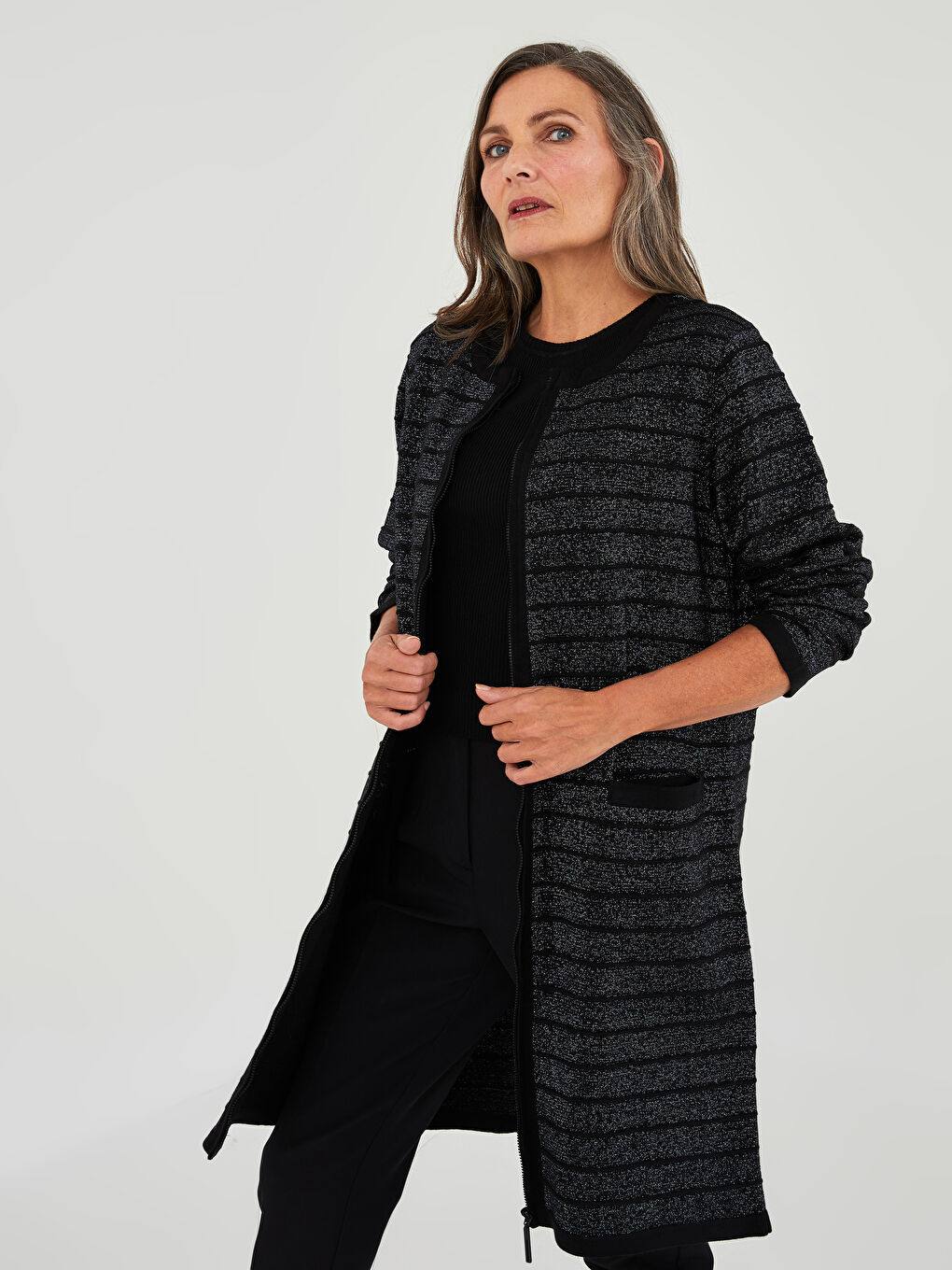 Кръгло деколте, с шарки, дълъг ръкав, жилетка от трико за жени-1