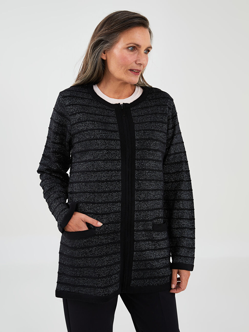 әйелдерге арналған дөңгелек жағалы өрнекті ұзын жең трикотаж кардиган-2