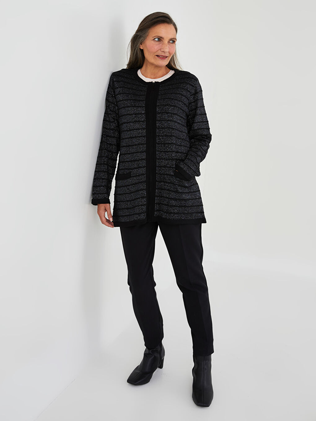 әйелдерге арналған дөңгелек жағалы өрнекті ұзын жең трикотаж кардиган-3