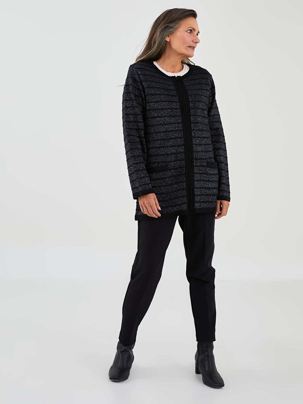 әйелдерге арналған дөңгелек жағалы өрнекті ұзын жең трикотаж кардиган-5