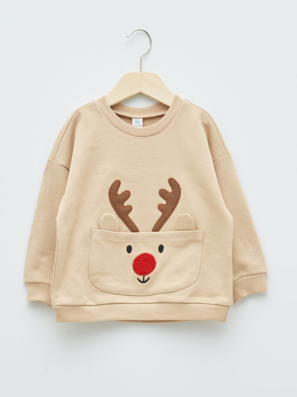 Bej Bisiklet Yaka Uzun Kollu Yılbaşı Temalı Erkek Bebek Sweatshirt