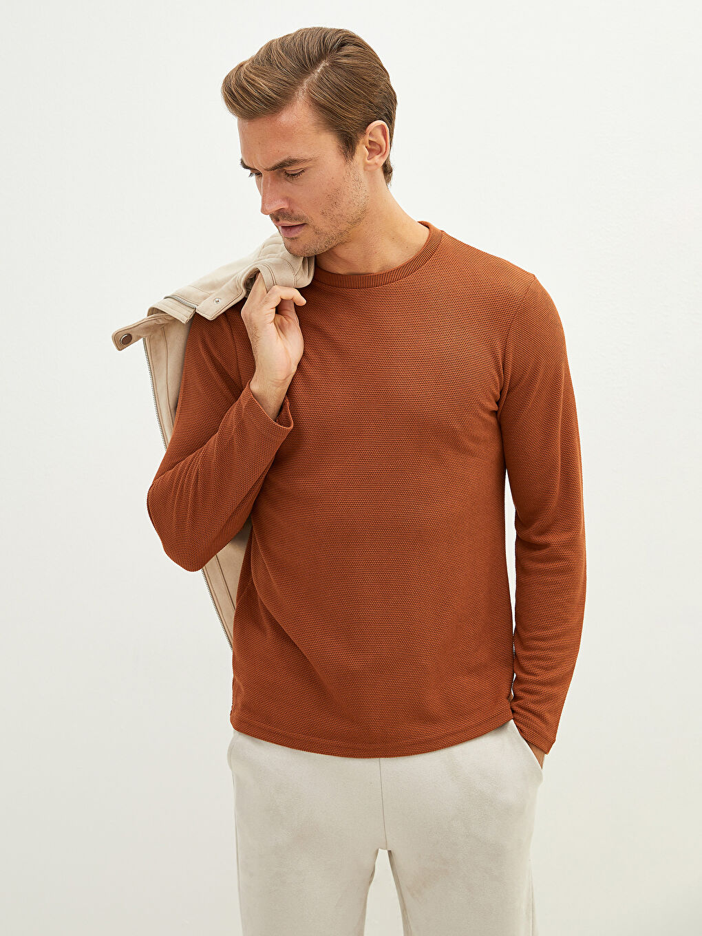 Kahverengi Bisiklet Yaka Uzun Kollu Basic Erkek Tişört