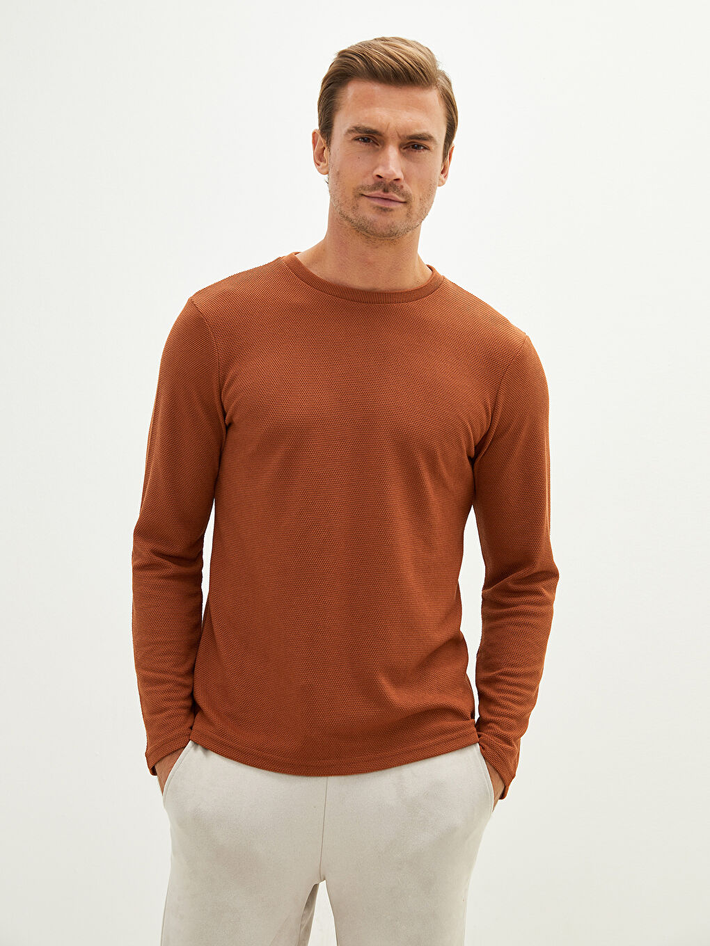 Kahverengi Bisiklet Yaka Uzun Kollu Basic Erkek Tişört-1