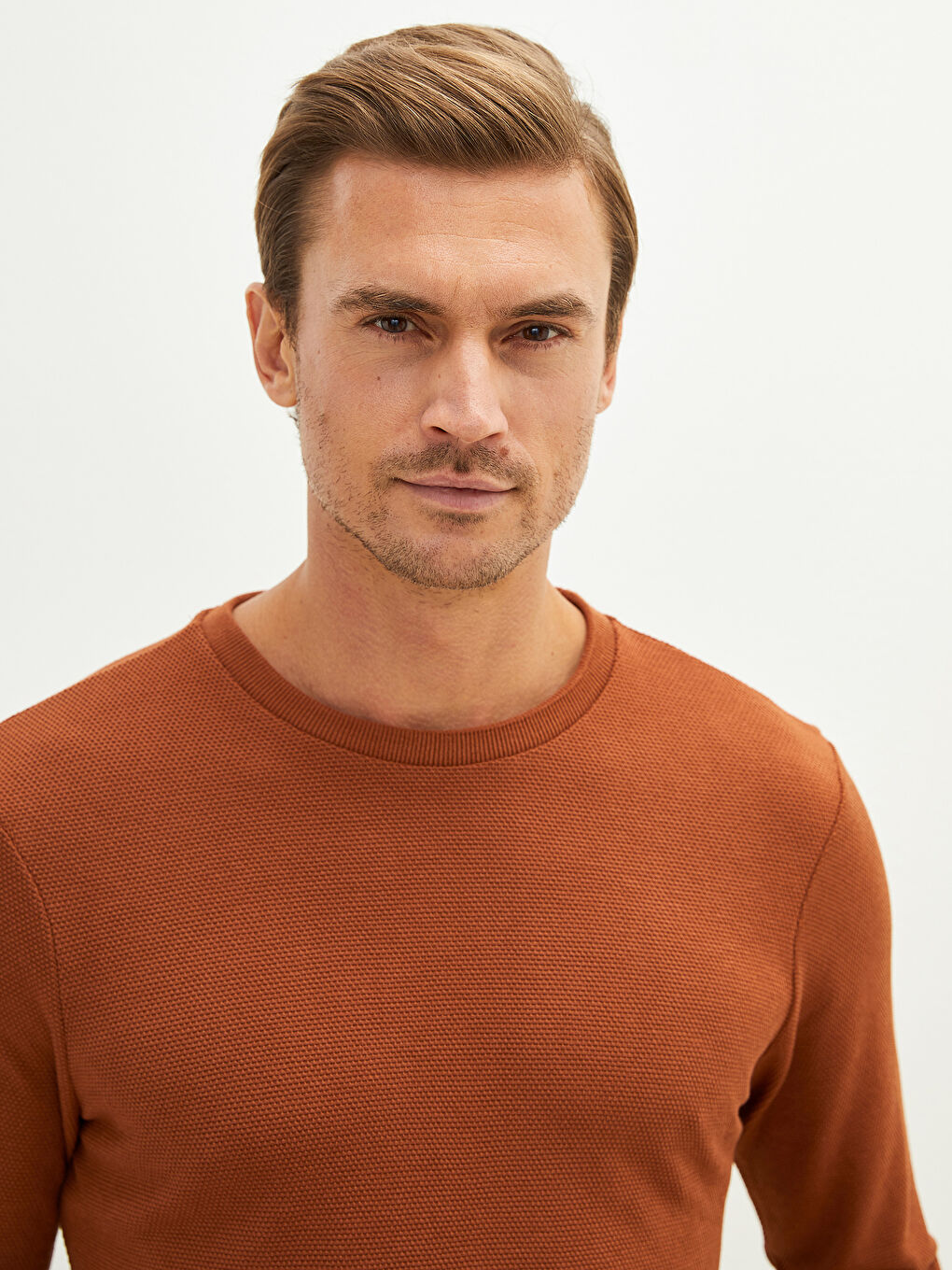 Kahverengi Bisiklet Yaka Uzun Kollu Basic Erkek Tişört-2