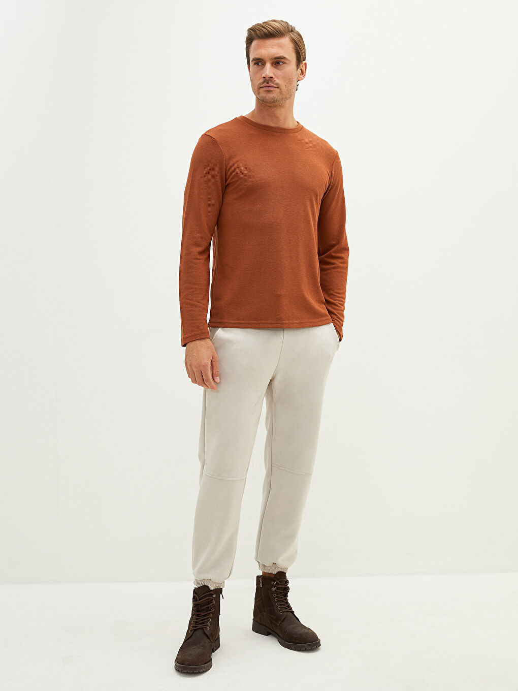 Kahverengi Bisiklet Yaka Uzun Kollu Basic Erkek Tişört-3