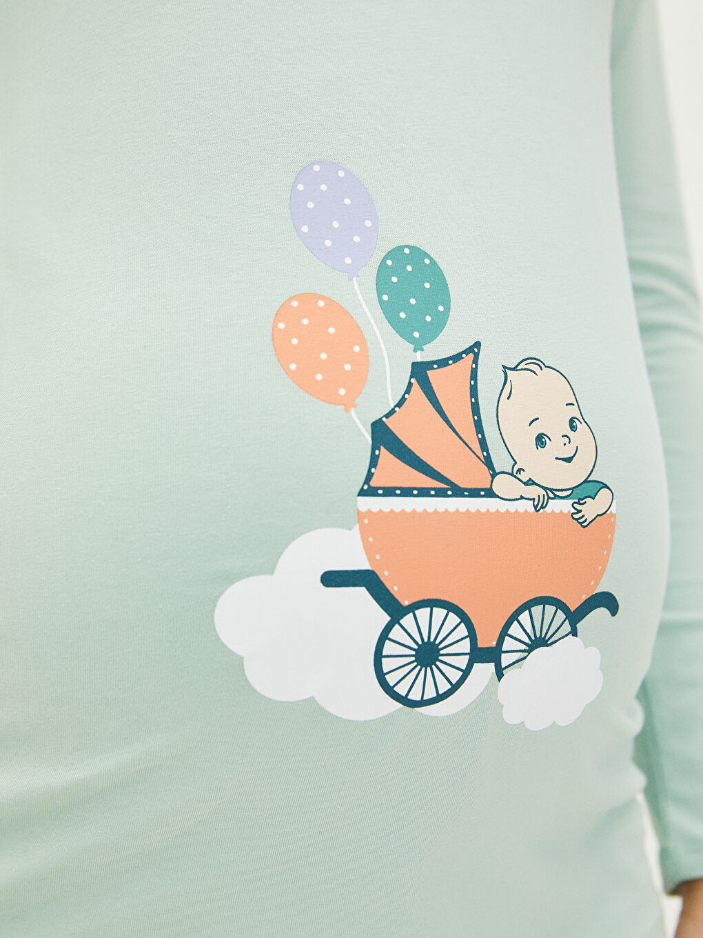 Yeşil Bisiklet Yaka Baskılı Uzun Kollu Pamuklu Hamile Tişört-2