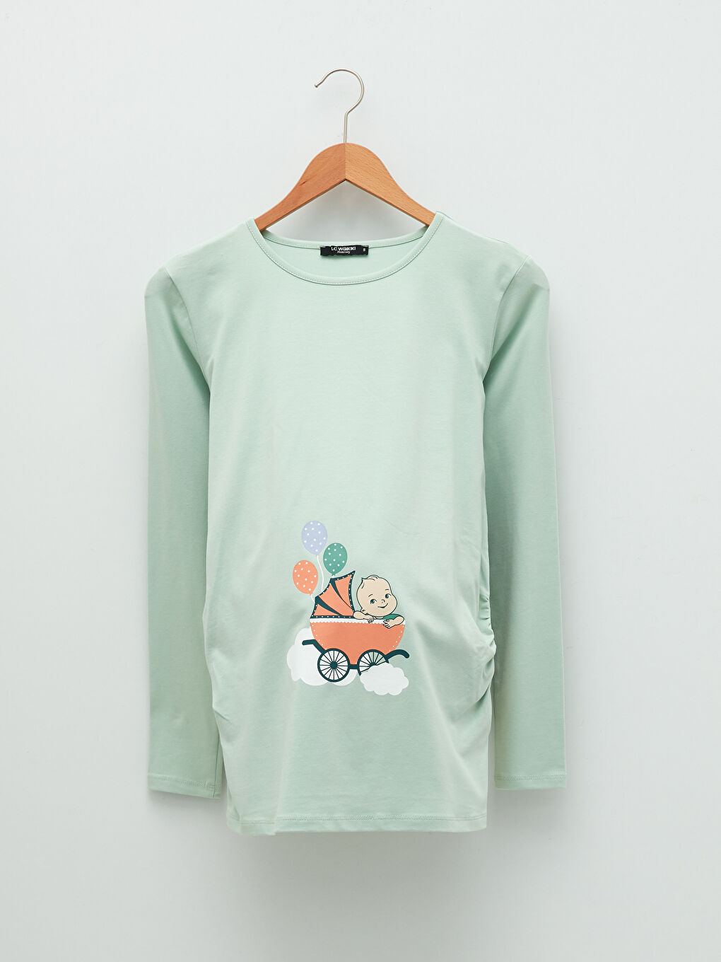 Yeşil Bisiklet Yaka Baskılı Uzun Kollu Pamuklu Hamile Tişört-4