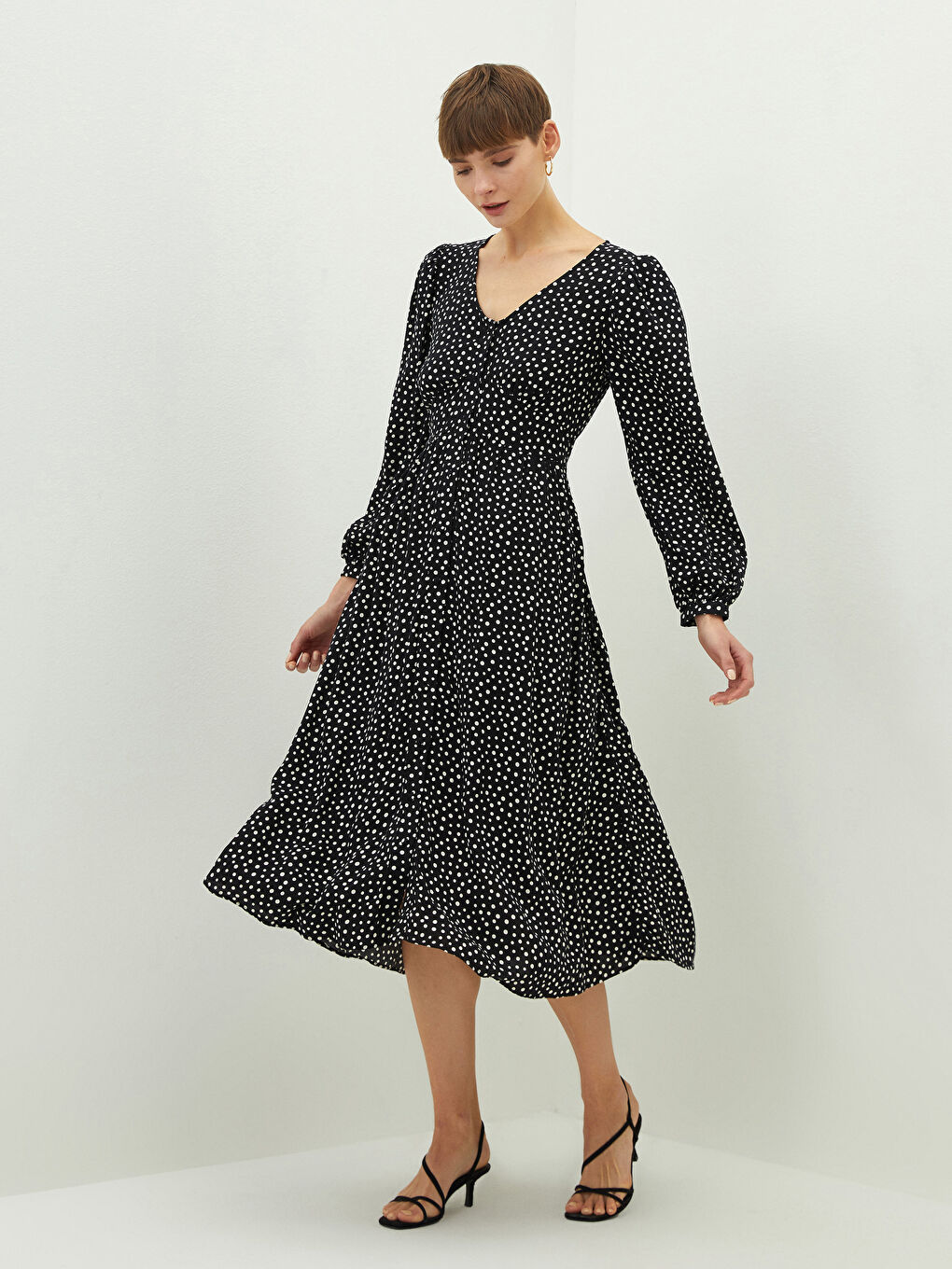 V Neck Polka Dot Long Sleeve Viscose Women's Dress
