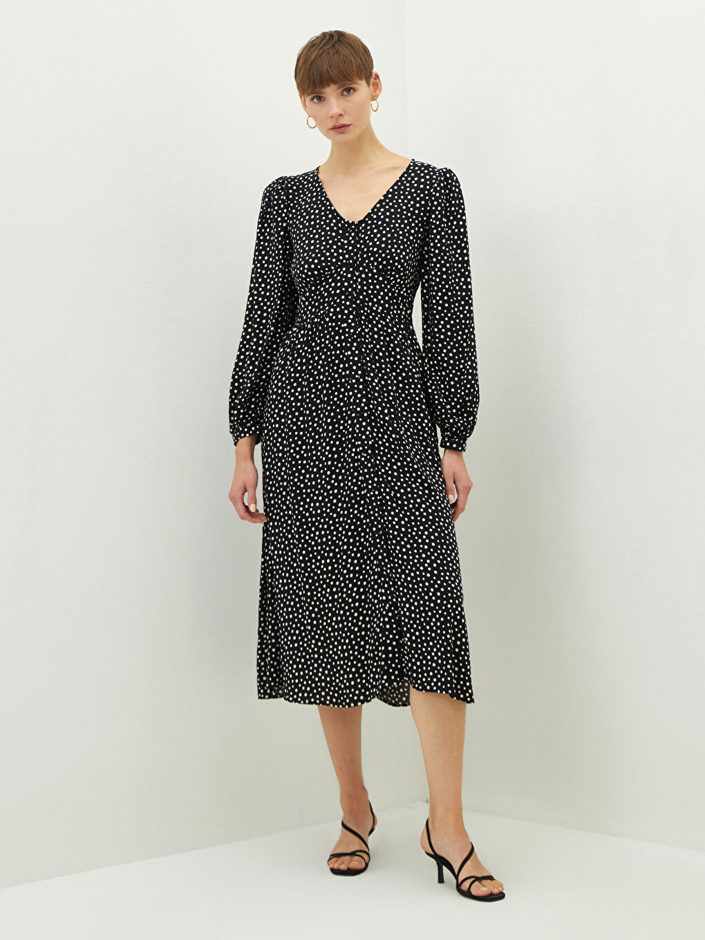 V Neck Polka Dot Long Sleeve Viscose Women's Dress-1