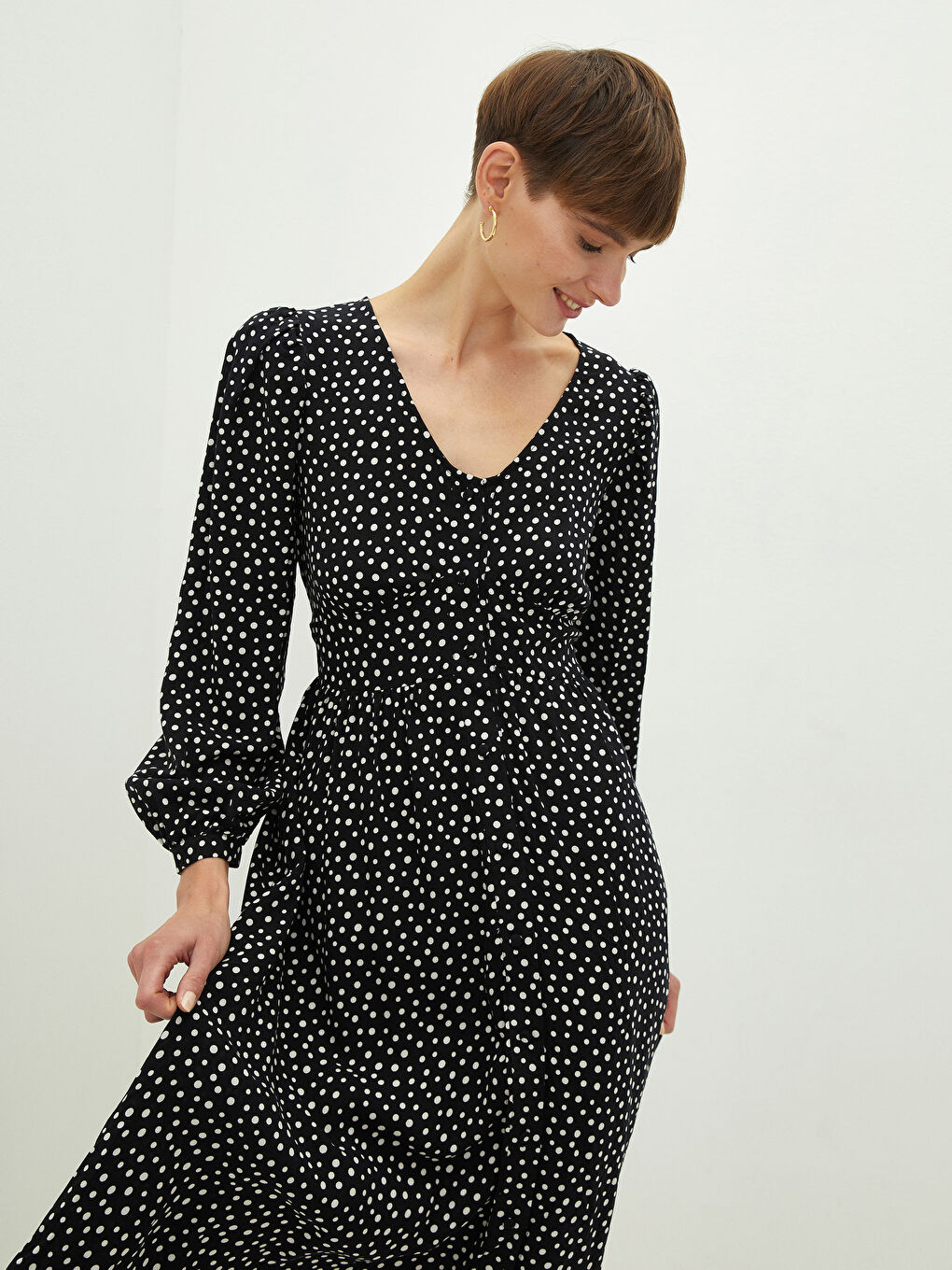 V Neck Polka Dot Long Sleeve Viscose Women's Dress-2