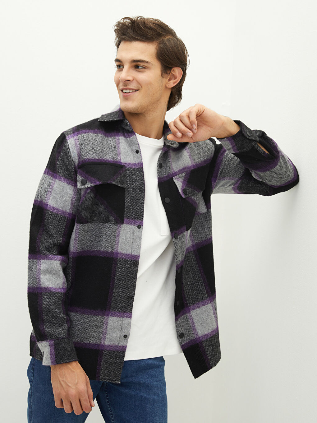 Regular Fit Long Sleeve Plaid Men's Flannel Shirt Jacket-3