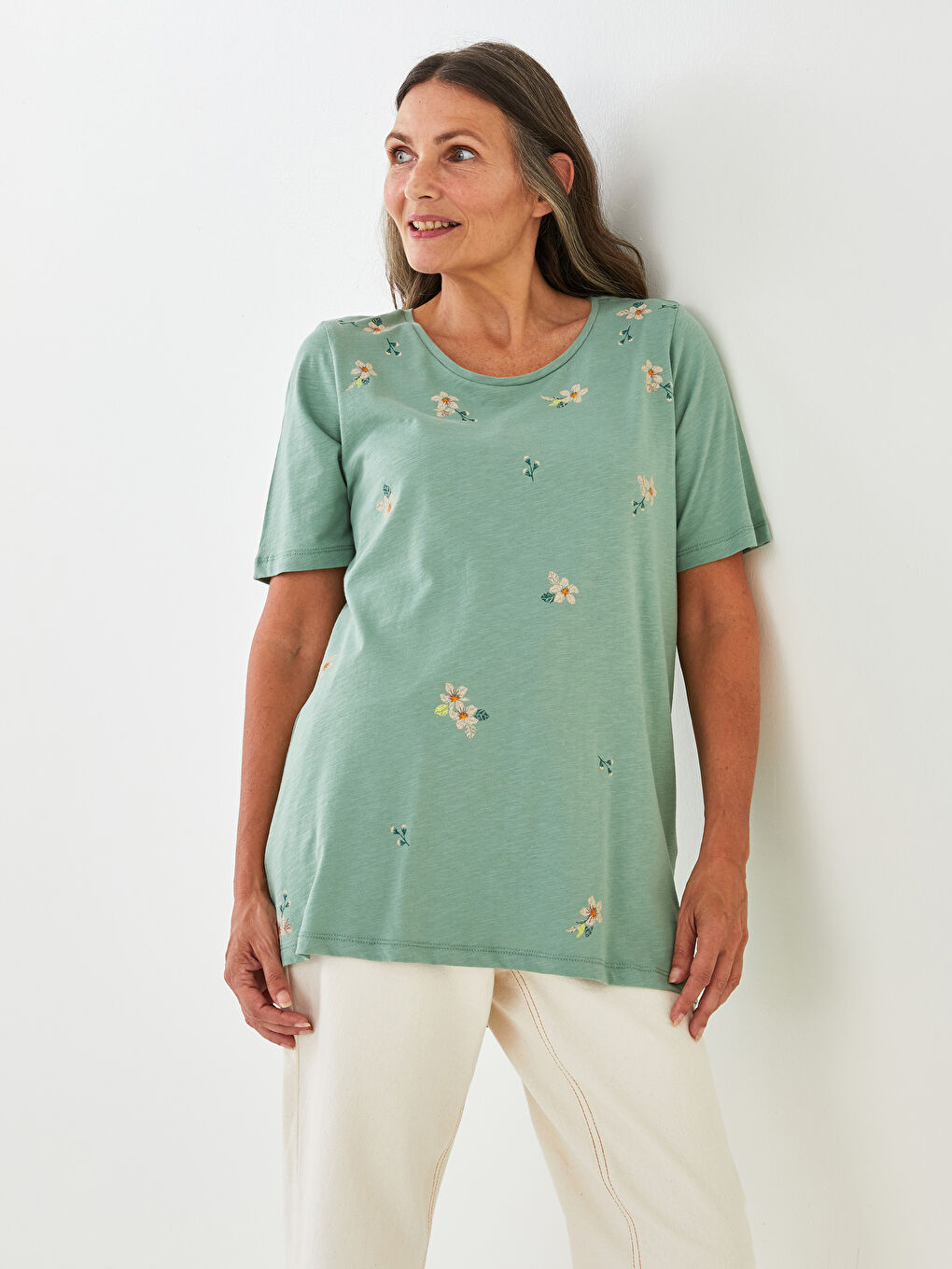 Yeşil Bisiklet Yaka Baskılı Kısa Kollu Pamuklu Kadın Tişört-2