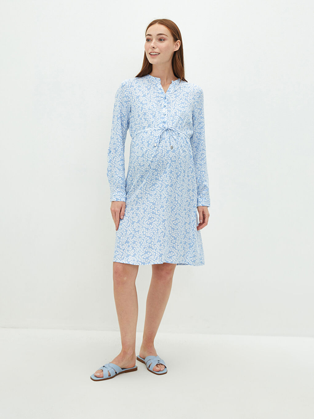 V Neck Floral Long Sleeve Viscose Maternity Dress-1
