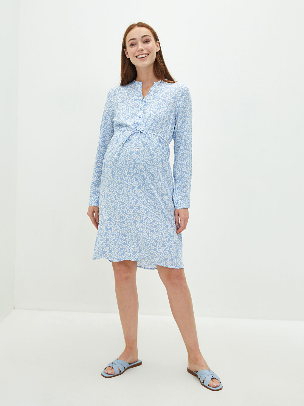 V Neck Floral Long Sleeve Viscose Maternity Dress-2