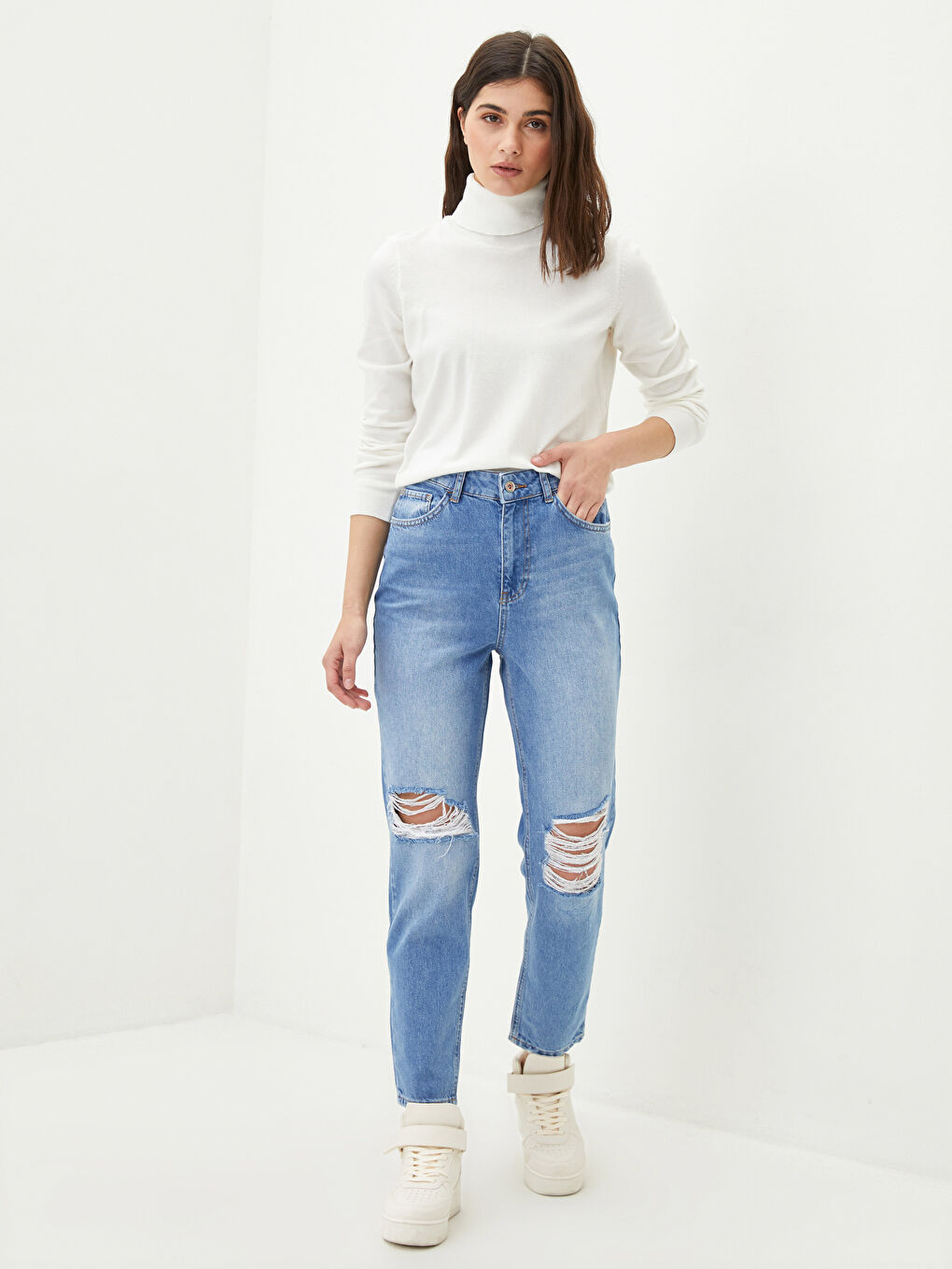 Әйелдерге арналған трикотаж биік жағалы өрнексіз ұзын жең жемпір-1