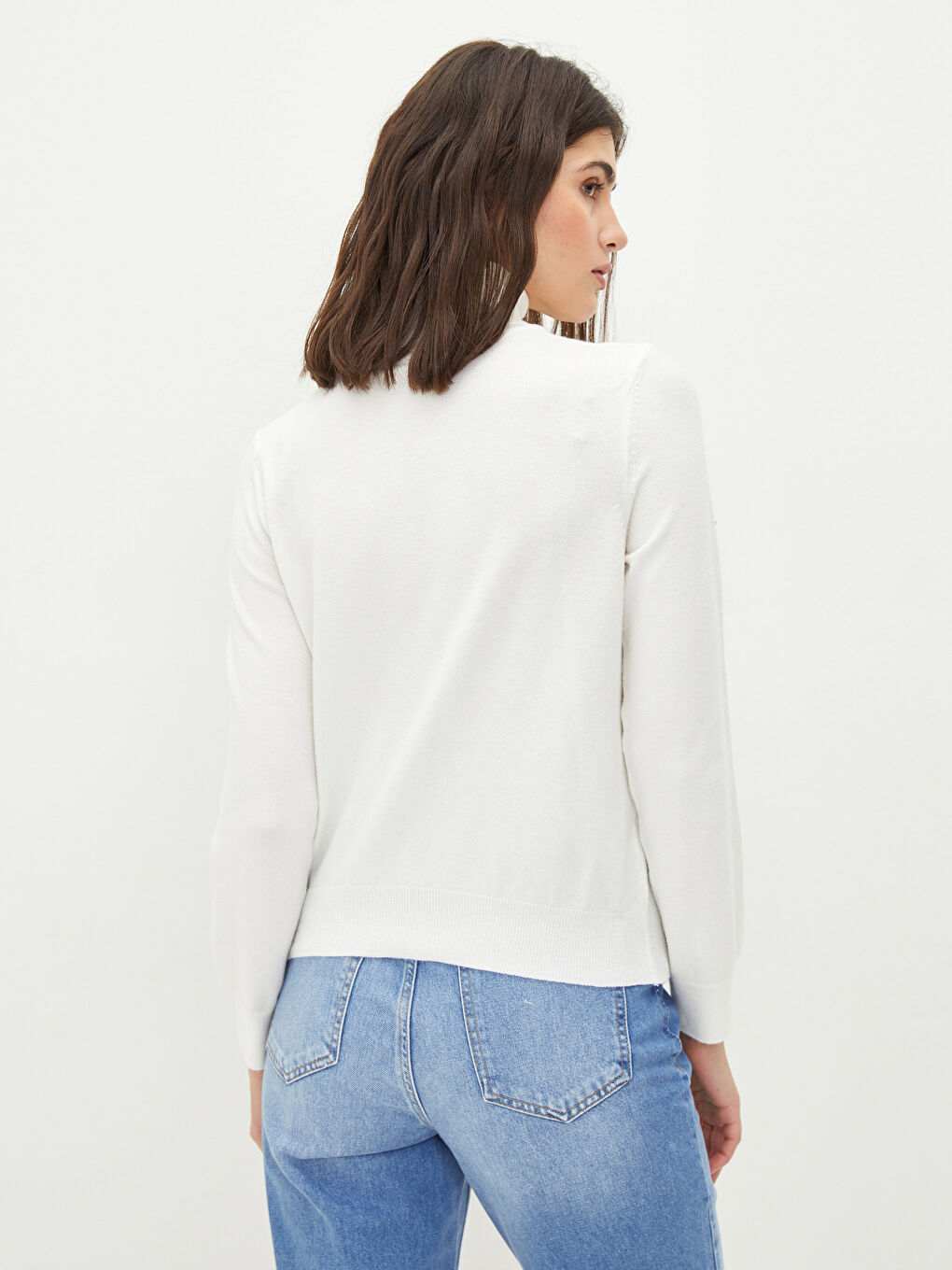 Әйелдерге арналған трикотаж биік жағалы өрнексіз ұзын жең жемпір-3