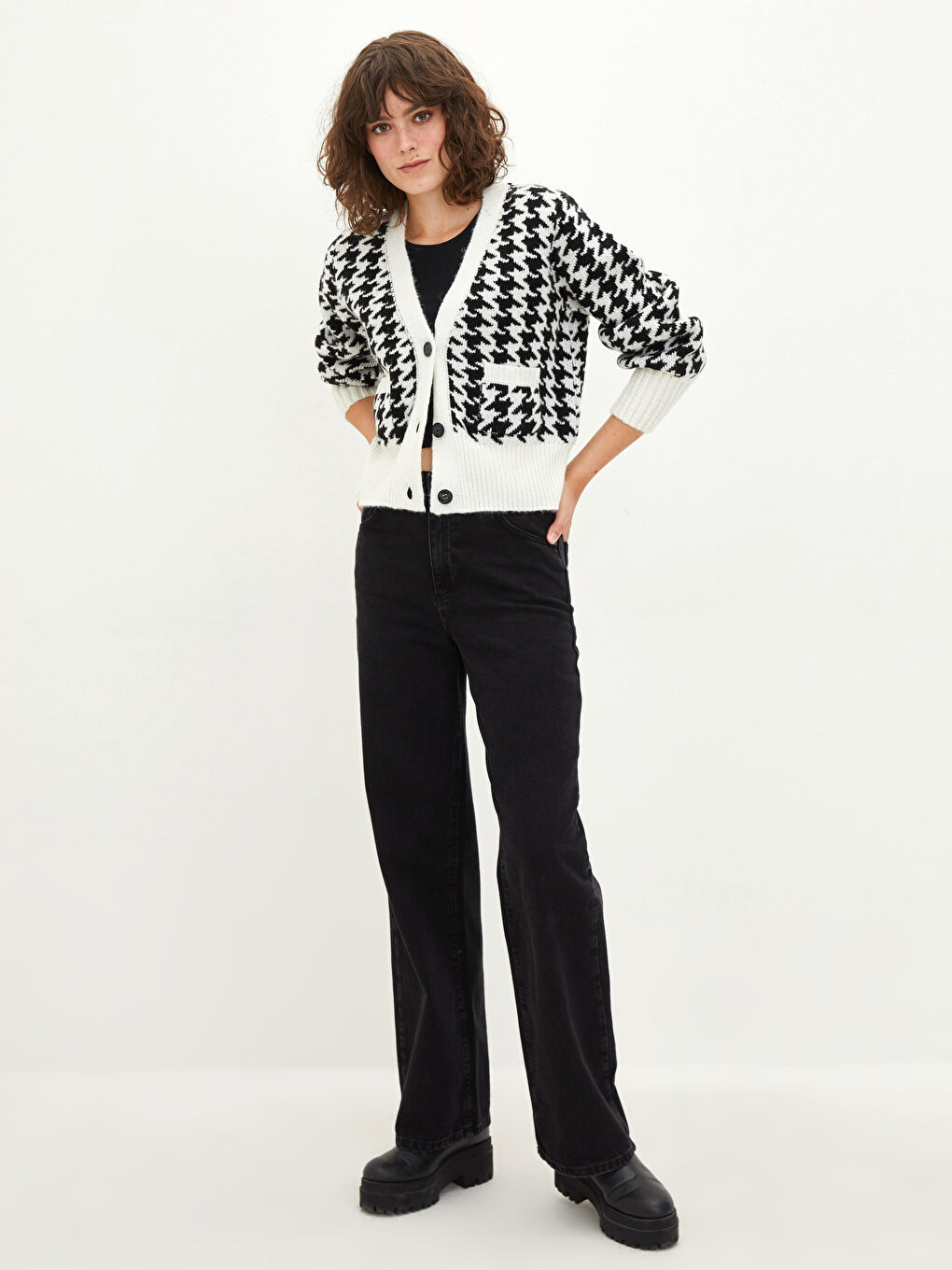 V Neck Patterned Women's Knitwear Cardigan-3