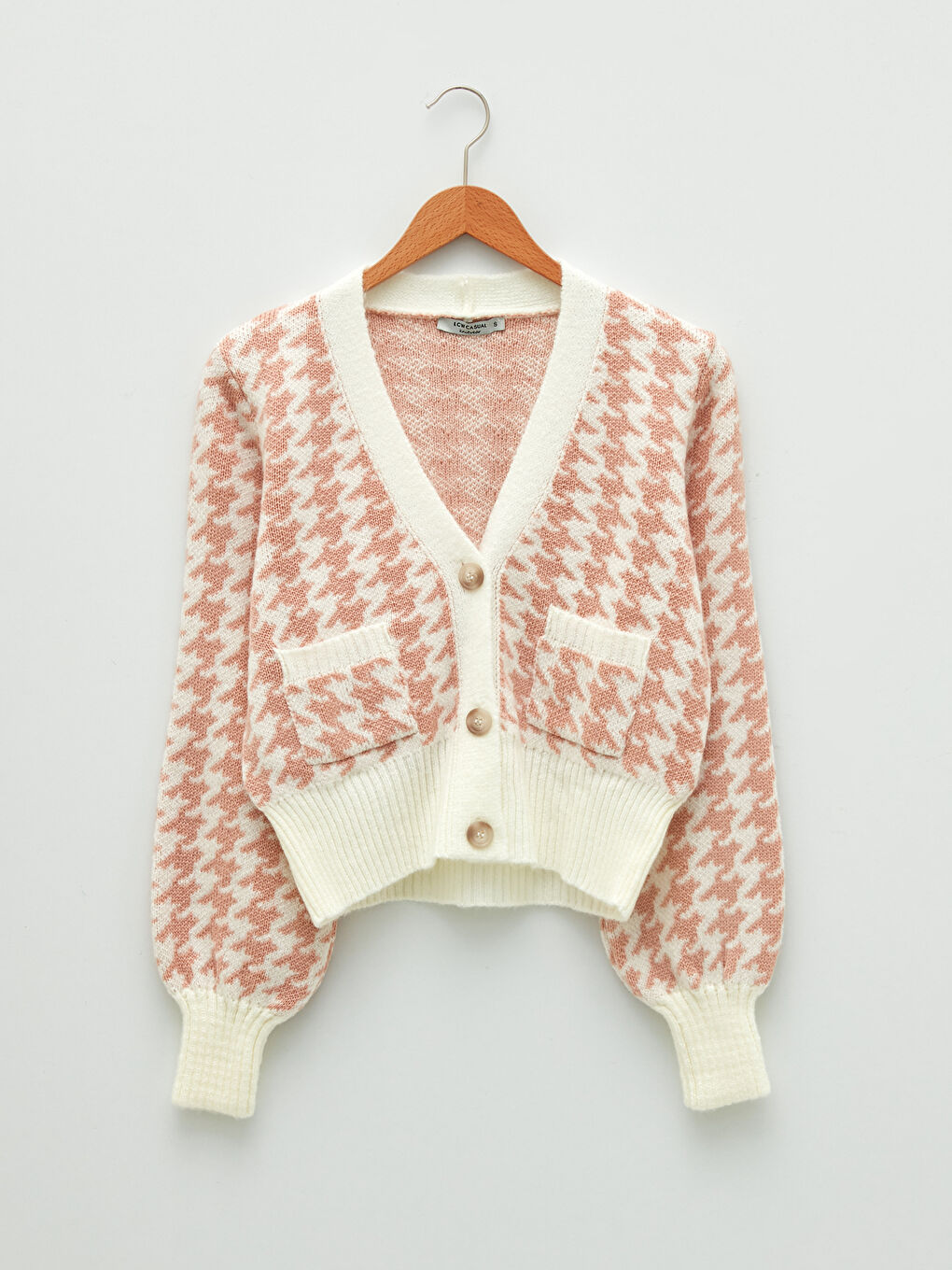 Pembe V Yaka Desenli Kadın Triko Hırka-5