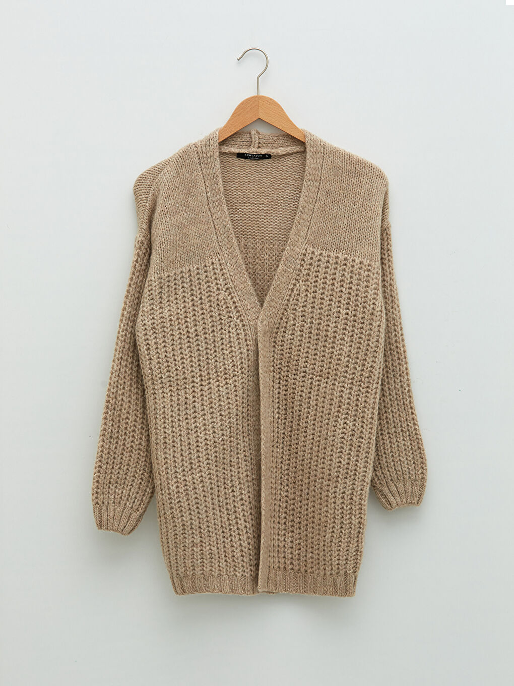 Bej Şal Yaka Düz Uzun Kollu Triko Kadın Hırka-5