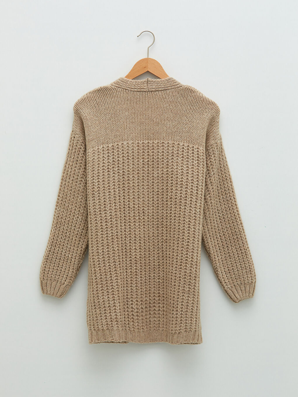 Bej Şal Yaka Düz Uzun Kollu Triko Kadın Hırka-6