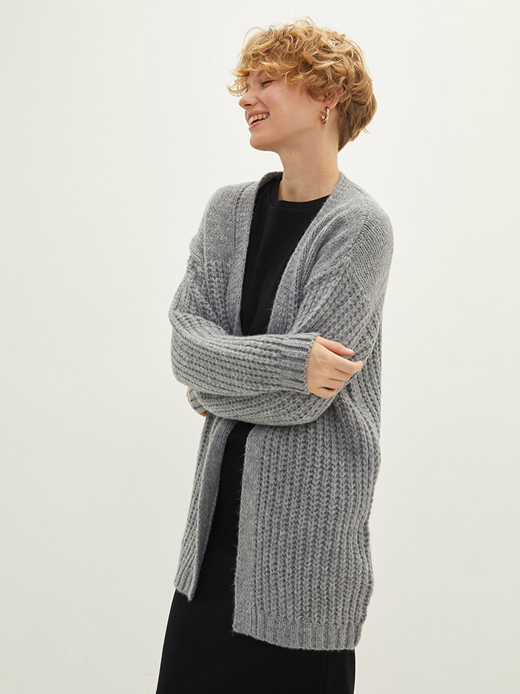 Shawl Collar Straight Long Sleeve Knitwear Women's Cardigan