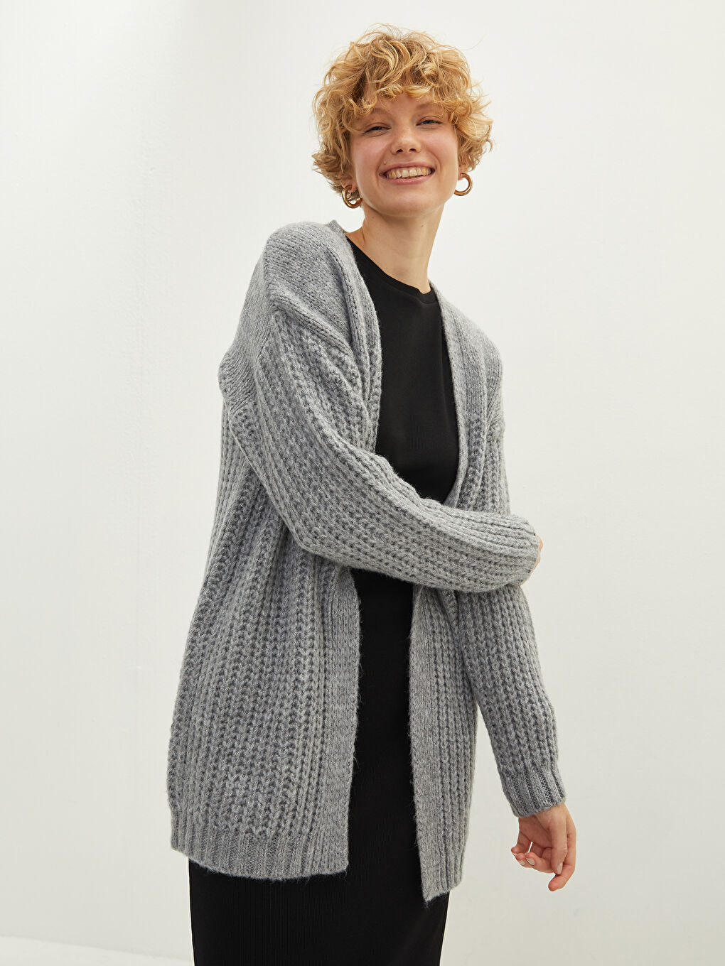 Shawl Collar Straight Long Sleeve Knitwear Women's Cardigan-1