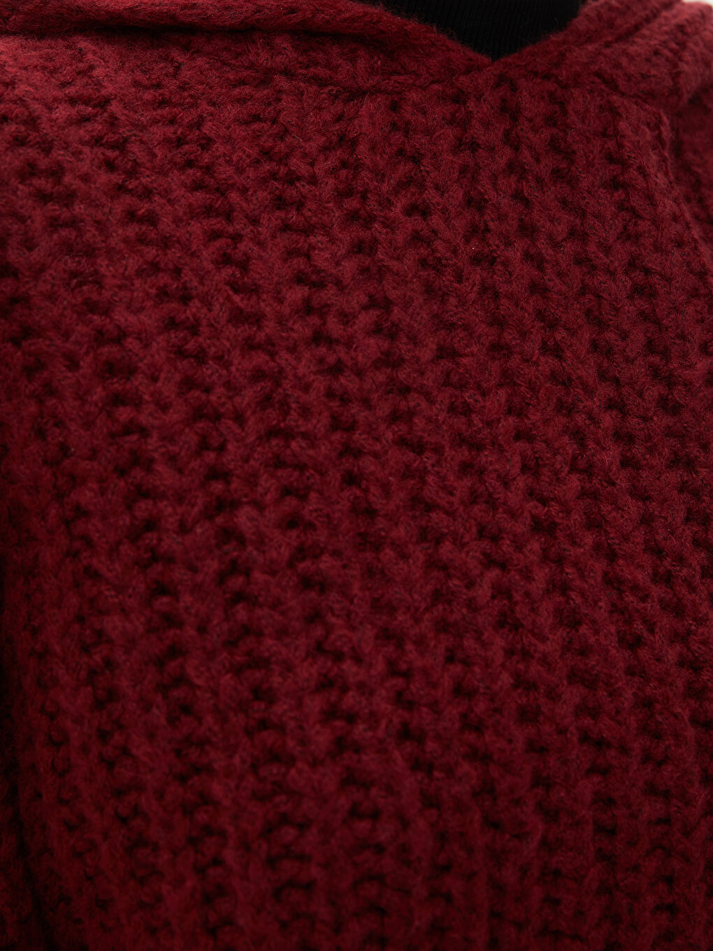 Bordo Kapüşonlu Düz Uzun Kollu Kadın Triko Kazak-2