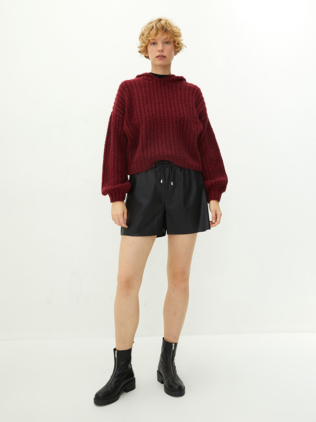 Bordo Kapüşonlu Düz Uzun Kollu Kadın Triko Kazak-3