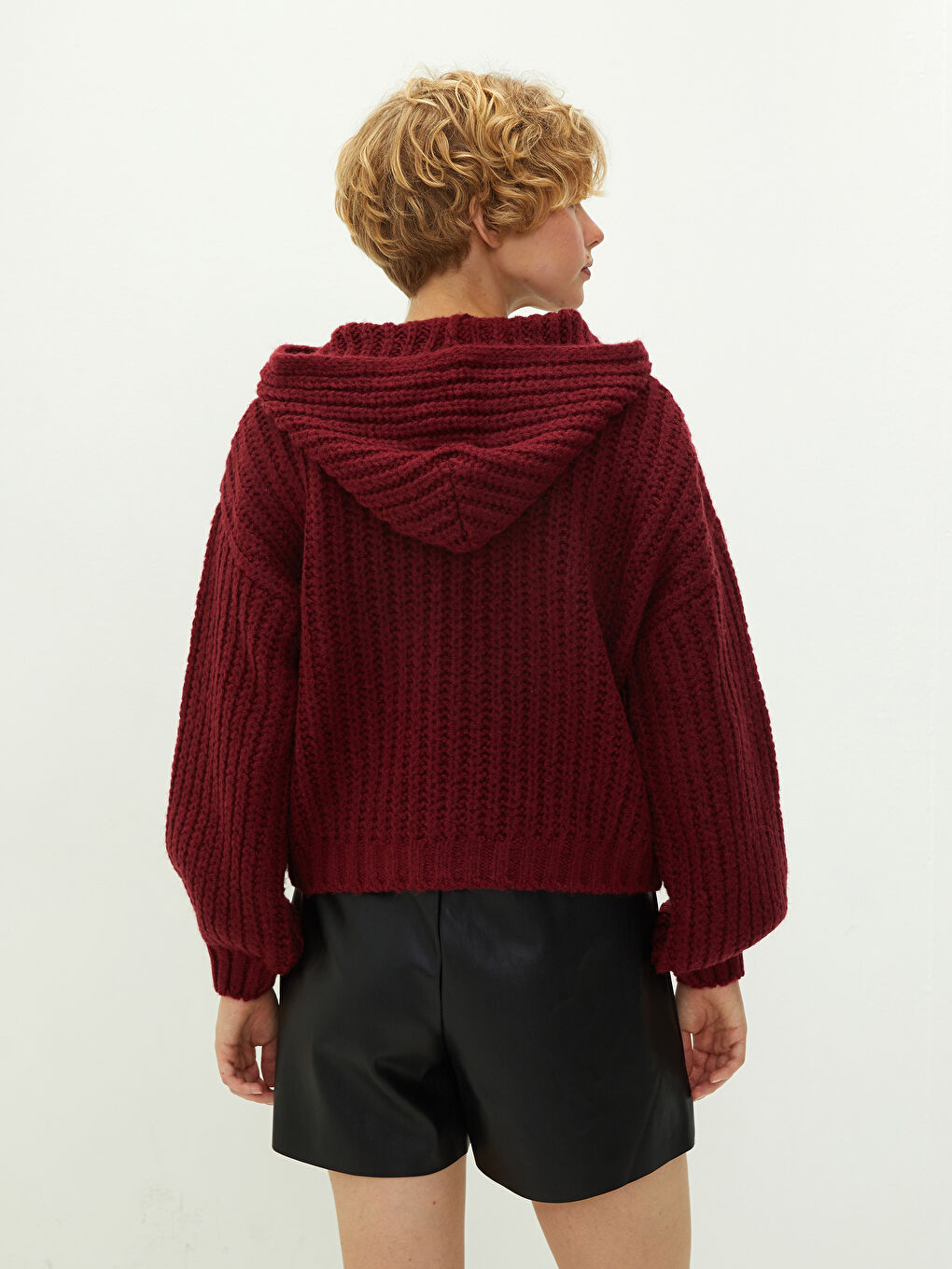 Bordo Kapüşonlu Düz Uzun Kollu Kadın Triko Kazak-4