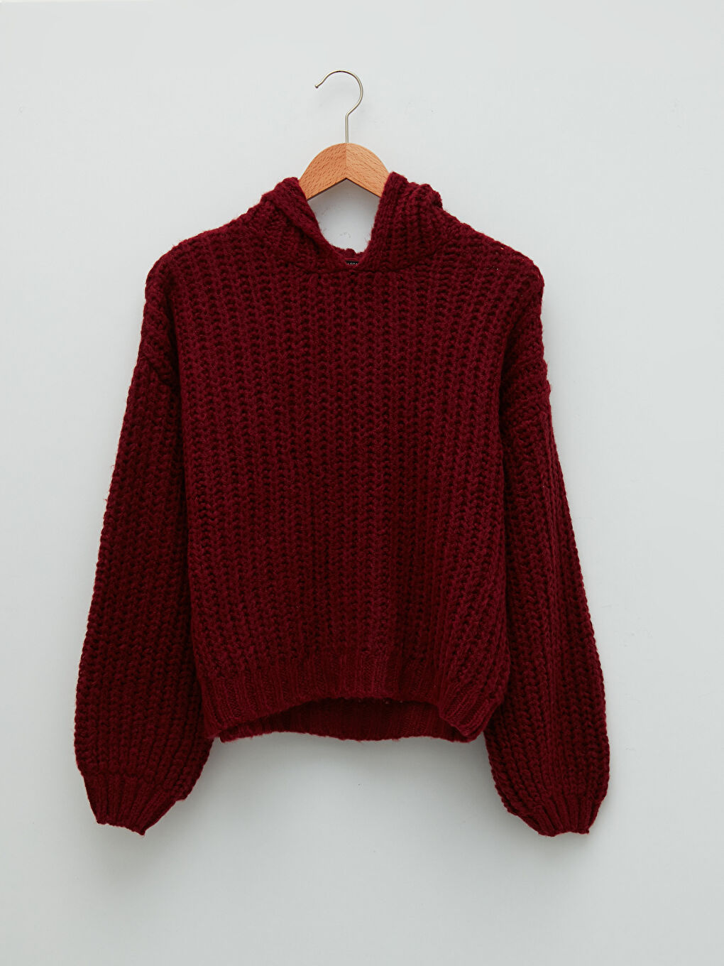 Bordo Kapüşonlu Düz Uzun Kollu Kadın Triko Kazak-5