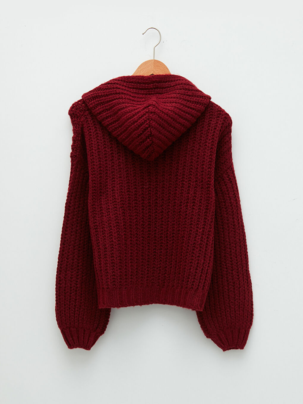 Bordo Kapüşonlu Düz Uzun Kollu Kadın Triko Kazak-6