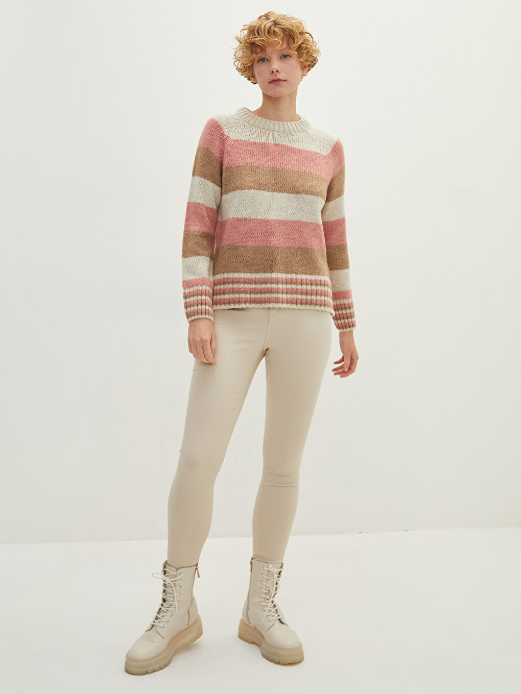 әйелдерге арналған дөңгелек жағалы түрлі-түсті ұзын жең трикотаж жемпір-3