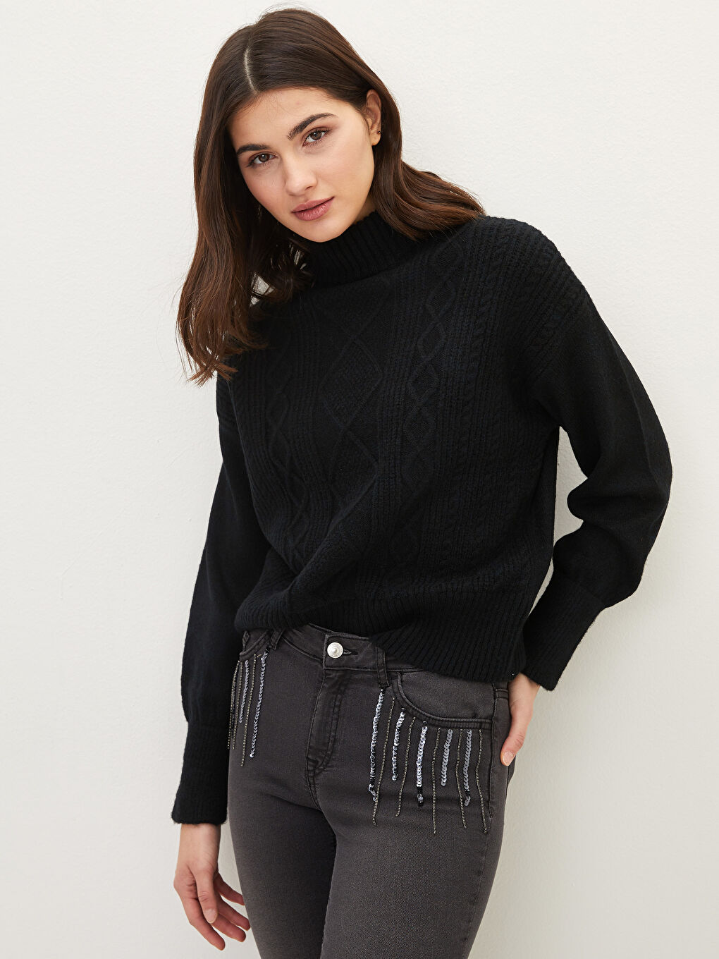 LCW Vision Half Turtleneck Self Patterned Long Sleeve Women's Tricot Sweater -W1GK23Z8-CVL